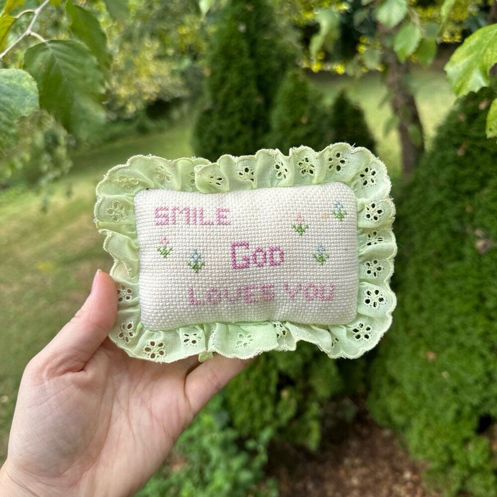 Small Handmade Pillow Cross-stitch "SMILE GOD LOVES YOU" Green White Pink